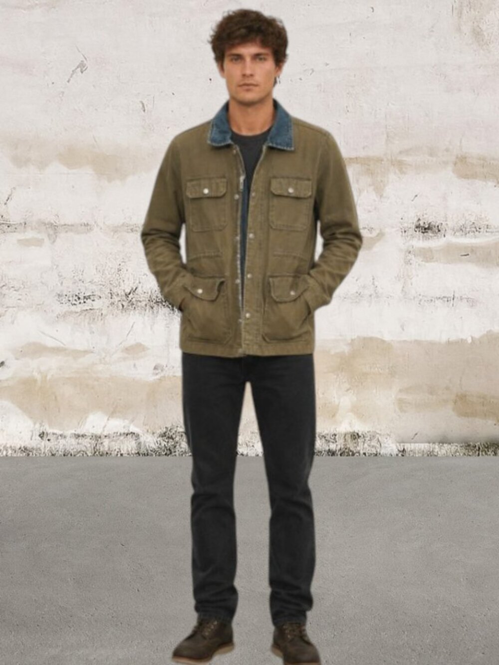OBEY Men's Olive Brown Work Jacket with Denim Collar Size Small